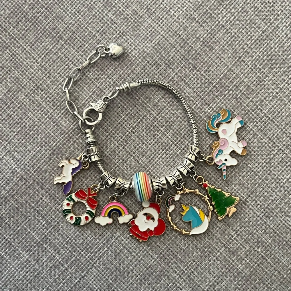 Silver-tone Charm Bracelet with Colorful Unicorn, Rainbow & Holiday Charms